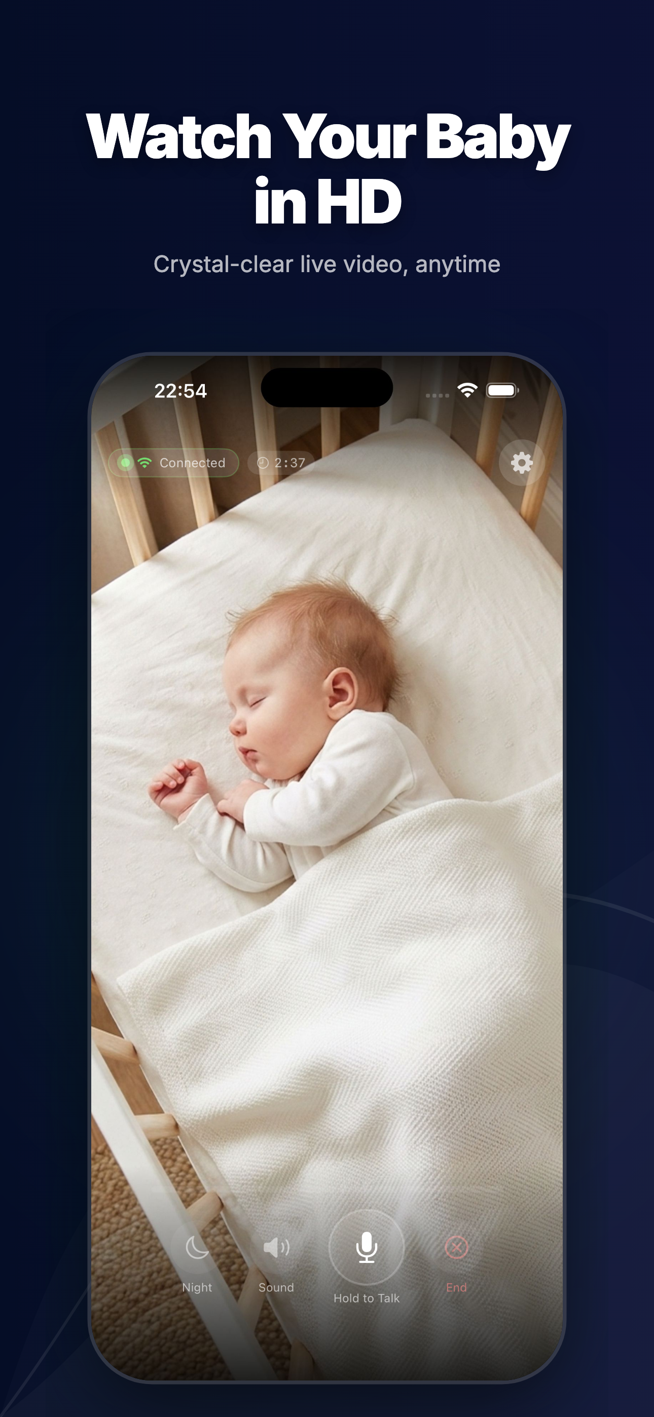 Slumberly app showing baby monitor live view on iPhone